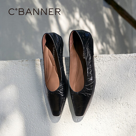 C.BANNER Low Heel Square Toe Shallow Mouth Shoes Women's 2026 Spring New Genuine Leather Commuting Flat Shoes Black 36 (230mm)