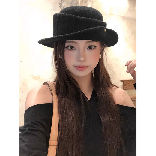 Zhunwu Qianjin top hat women's hat autumn and winter 2026 new woolen fisherman hat felt hat basin hat winter hat Hepburn style elegant French Qianjin style curled black top hat