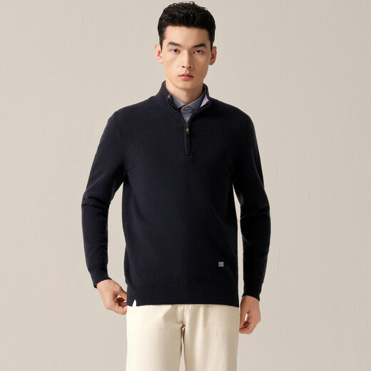 Ordos 1980 machine washable new wool cashmere half-zip men's commuter sweater 26 early spring dark blue L 175/96A