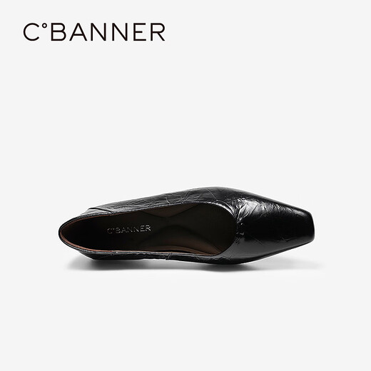 C.BANNER Low Heel Square Toe Shallow Mouth Shoes Women's 2026 Spring New Genuine Leather Commuting Flat Shoes Black 36 (230mm)