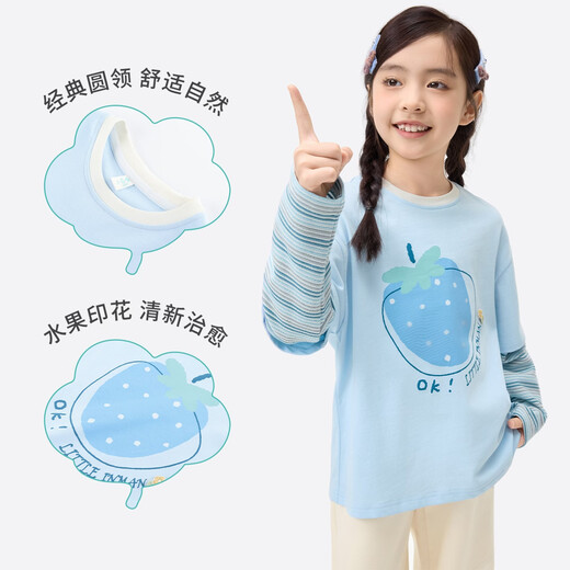 Xiaoyinman children's clothing girls' pure cotton long-sleeved T-shirt with fruit print 26 spring medium and large children's round neck casual top light blue 140