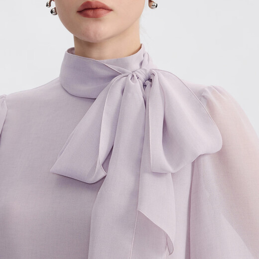Langzi half-high collar elegant ribbon chiffon shirt temperament simple commuter style top for women 2026 spring new pink purple S