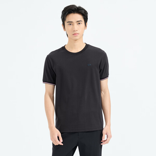 Lilang Light Fashion Men's Clothing Cotton Moissanite T-shirt Men's Contrast Color Cuffs Lightweight Breathable Cool Stretch Short Sleeves Black (1Y) L (170)