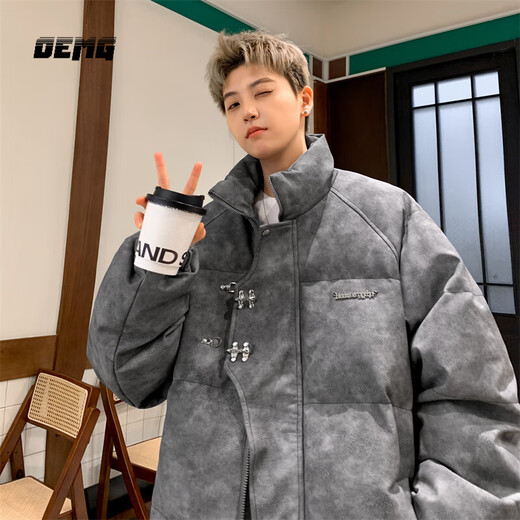 OEMG American retro metal airplane button cotton coat for men and women in winter thickened warm loose bread coat cotton coat gray XL recommended 125-140Jin Jin equals 0.5 kg