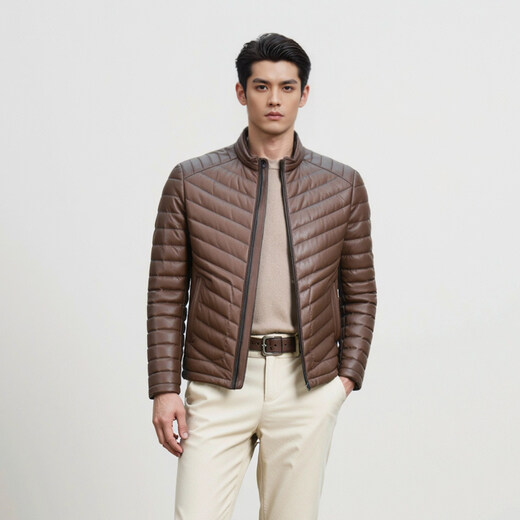 Snow Leopard Genuine Leather Jacket Men's First Layer Sheepskin Business Casual System Stand Collar White Duck Down Short Leather Down Jacket Brown L 48 170/92A