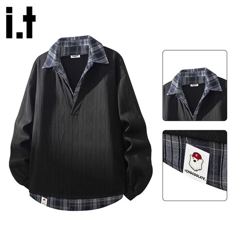 CHOCOOLATE it men's fashion brand American fake two-piece sweatshirt men's 2026 spring new plaid splicing versatile top trendy white counter quality M recommended 90-110Jin Jin equals 0.5 kg