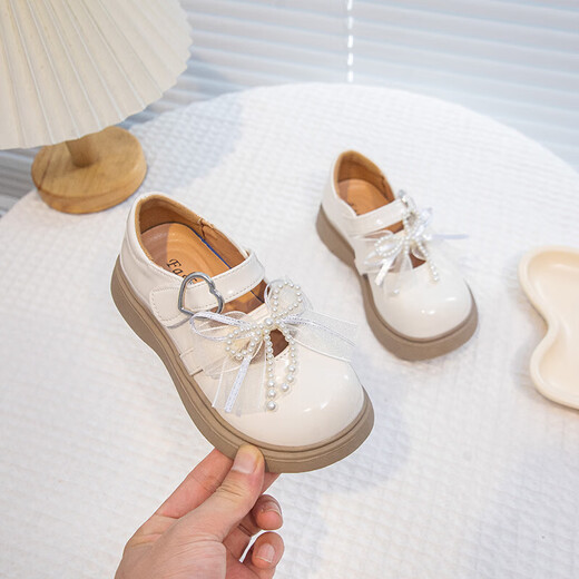 Girls Pearl Bow Small Leather Shoes 2026 Spring New Children's British Style Single Shoes Girls Fashion Princess Shoes Off-White 27