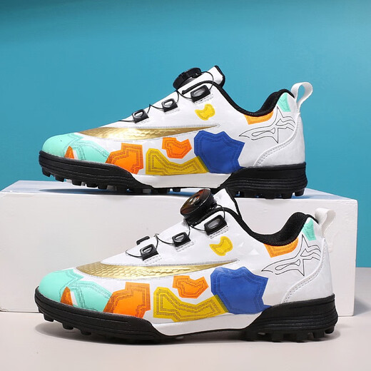 Feelaces Children's Rotary Button Schnürfußballschuhe Trainingschuhe TF gebrochene Nägel Jungen und Mädchen Mittelschüler Künstliche Gras-Sneaker 9893 Weiß 30