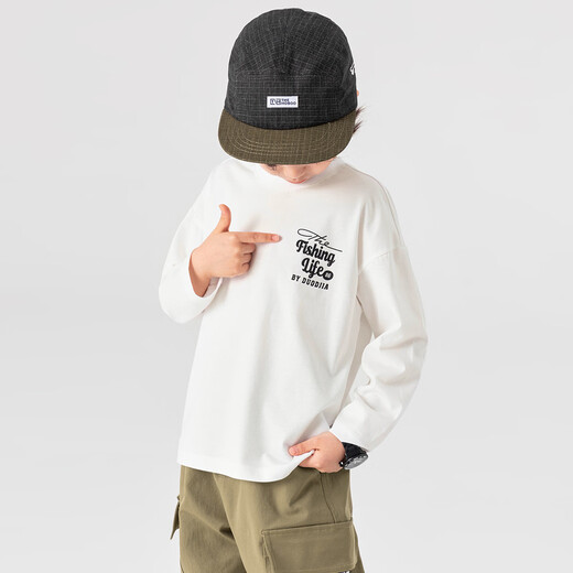 Duojia Class A Standard Children's T-shirt Spring and Autumn Adventure Bear Fun Long Sleeve Boys Casual Cotton Breathable Top Fashion White 110