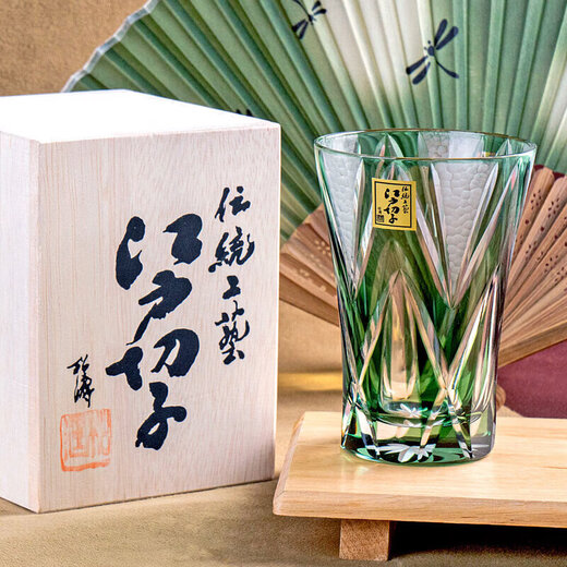 Tajima Glass, golden red stone with star pattern, Edo Kiriko, sake cup, imported from Japan