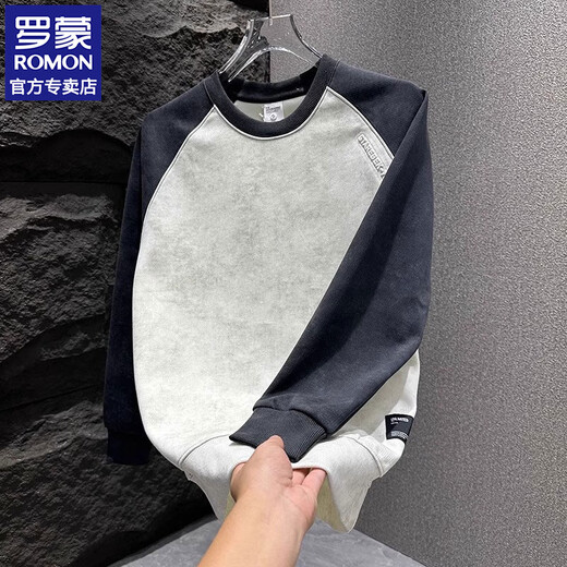 ROMON round neck sweatshirt for men with contrasting color splicing design casual clothes for youth tie-dye simple versatile top mature style black L Recommended weight 120-140Jin Jin is equal to 0.5 kg