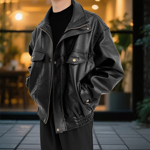 Retro autumn and winter new leather jacket men's PU leather coach bomber jacket American casual loose motorcycle suit 3344 black regular M
