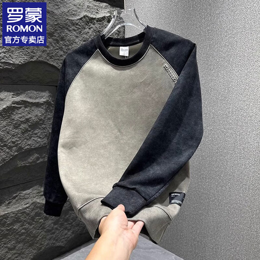 ROMON round neck sweatshirt for men with contrasting color splicing design casual clothes for youth tie-dye simple versatile top mature style black L Recommended weight 120-140Jin Jin is equal to 0.5 kg