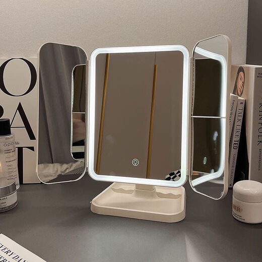 Cosmetic mirror dormitory LED desktop desktop storage box shell three-sided folding vanity mirror mirror magnification fill-in light HD ultra-high definition high battery life three-color adjustable large lamp beads-Pearl White