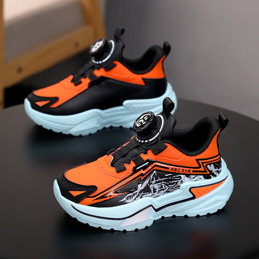 Chiyun Boys' Shoes 2026 Autumn and Winter Waterproof Leather Children's Sports Shoes Lightweight Medium and Large Children's Running Shoes Black Orange 31