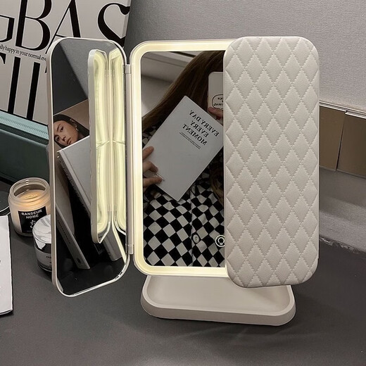 Cosmetic mirror dormitory LED desktop desktop storage box shell three-sided folding vanity mirror mirror magnification fill-in light HD ultra-high definition high battery life three-color adjustable large lamp beads-Pearl White
