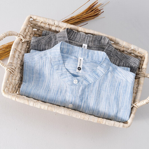 
Good Bull (HAOBUYI) color woven striped stand collar linen short-sleeved T-shirt for men's summer thin button-neck breathable pure hemp Japanese half-sleeved T-shirt gray S