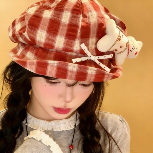 Fan Shengyu Japanese style plaid cat octagonal hat for women spring y2k style sweet and western style beret showing face little newsboy painter hat plaid kitten beret one size fits all 54-58cm