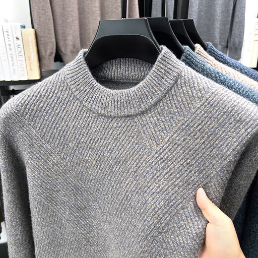 100% wool autumn and winter new men's thickened long-sleeved wool sweater floral yarn clip jacquard casual sweater 3697 light rice XL