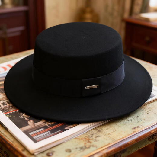 ALBINELE autumn and winter retro British style wool flat top hat for men and women, fashionable and versatile sunshade, black with black belt, M/53-58CM/adjustable