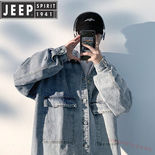 JEEP SPIRIT high-end brand American men's denim jacket plus velvet thickened casual work jacket for spring, autumn and winter dark blue B XL