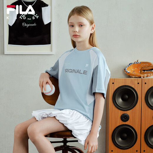 FILA Children's Clothing Short T-shirt 2026 Summer New Men's and Older Children's Short-Sleeved T-shirt Ice Peak Blue-BU 105