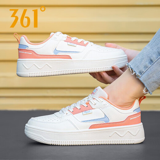 361 women's shoes, leather casual shoes 2025 summer new white shoes, waterproof skateboard shoes, height-enhancing sports shoes for women, feather white/pink orange 6623 35