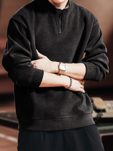 Green Deer high-end retro high-end half-zip long-sleeved sweatshirt men's spring and autumn casual tops black L suitable for 120-140Jin Jin equals 0.5 kg