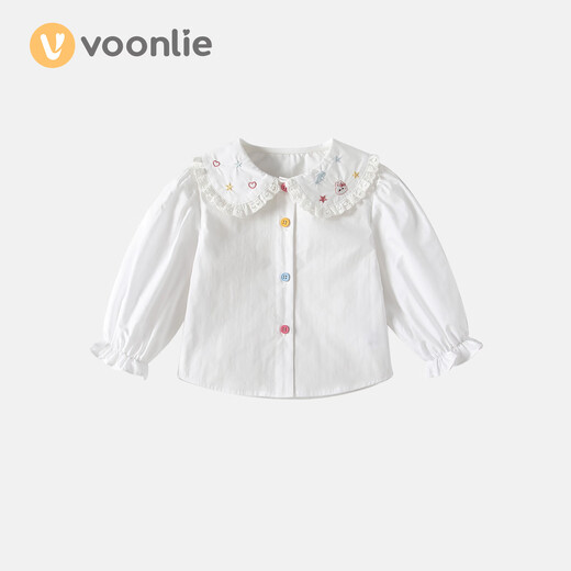 Fanhunting girls' shirt spring children's cartoon embroidered doll collar top baby white shirt spring and autumn white 80 cm