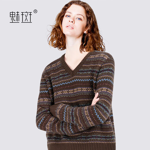 Charming 100% sheep wool loose retro knitted sweater for women 2025 winter V-neck pullover Fair Isle sweater, color L