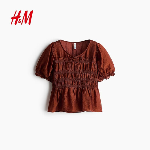 H&M Women's Shirt 2026 Spring New Round Neck Bow Tie Smocked Shirt Top 1316657 Rust Red XS 155/80