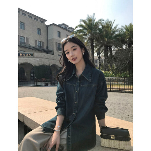 MULVAN Memory Film Hong Kong style nostalgic blue denim shirt women's loose casual long-sleeved shirt layered top nostalgic blue ready-made S