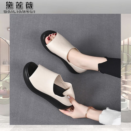 Dailianweist echtes Lederschwamm Sandalen für Frauen im Frühling und Sommer 2025 Neuer Stil Ferse Dicke alleinige Zwei-Wear-Fischschuhe weiße Kaufweißschuhe für Frauen schwarz 35 225 mm