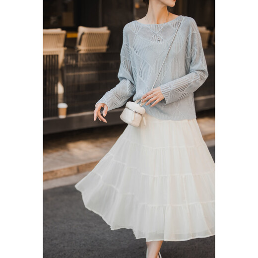 Xiaoguoli paper man blouse, lazy hollow all-match sweater, spring style one-line collar loose all-match top, blue, one size fits all size 1