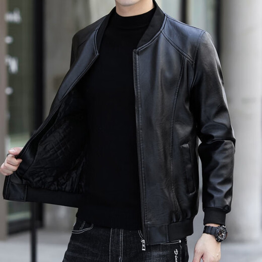 ACLOSMIL 2024 Spring and Winter Men's Baseball Collar Men's Leather Jacket Jacket PU Leather Plus Velvet Thickened Live Broadcast Black Baseball Collar Velvet XL54/170-175CM (130-145Jin Jin is equal to 0.5 kg)