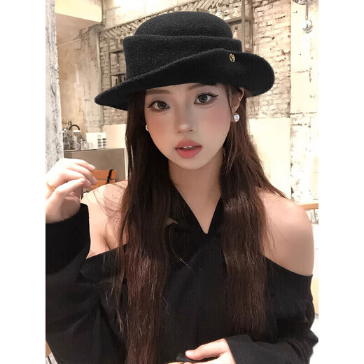 Zhunwu Qianjin top hat women's hat autumn and winter 2026 new woolen fisherman hat felt hat basin hat winter hat Hepburn style elegant French Qianjin style curled black top hat