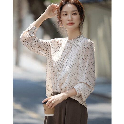 Demana (dme) polka dot puff sleeve shirt spring and autumn stand-up collar fitted long-sleeved commuter shirt women's top