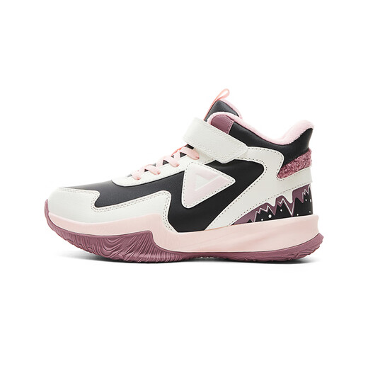 Peak children's shoes, children's boys' sports shoes, winter leather and velvet thickened warm cotton shoes, medium and large children's high-top cotton shoes, black/super light white 37