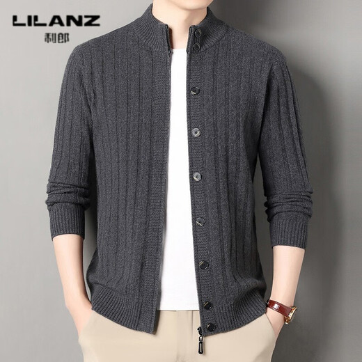 LILANZ high-end 100% wool cardigan men's autumn clothing new men's casual pure wool jacket men's sweater jacket gray ink 14XL (180)