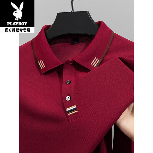 Playboy (PLAYBOY) new spring and autumn men's solid color long-sleeved T-shirt collar embroidered polo shirt top men's A8835 wine red M recommended 95-110Jin Jin equals 0.5 kg