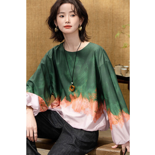 Demana poetic and affectionate spring gradient positioning and blooming printed top round neck loose small women's shirt