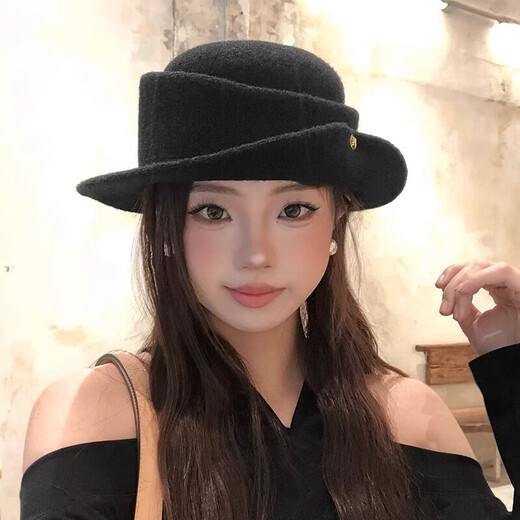 Time Bird Top Hat Women's Hepburn Style Hat Black Thousand Gold Style Autumn and Winter French Elegant Face Revealing Small Curly Woolen Fisherman Hat Black Head Circumference 56-58cm