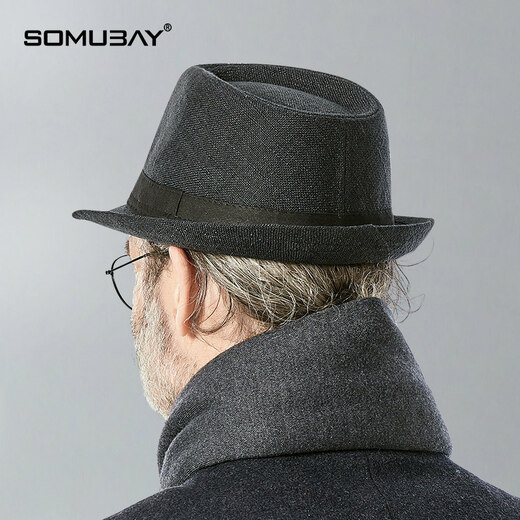 Top hat for middle-aged and elderly men, high-end autumn and winter woolen British retro men's top hat, wide-brimmed gentleman's hat, one-size-fits-all design, black, woolen with velvet, three-piece set, one-size-fits-all (around 58 head circumference), generally suitable