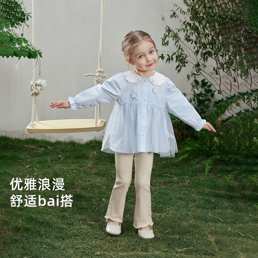 JELLYBABY French puff sleeve mesh embroidered shirt 26 new spring style girls' cardigan shirt comfortable for children blue 100