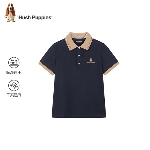 Hush Puppies Children's Clothing Children's Boys 2026 Spring and Summer New Classic Plaid Casual Comfortable Contrast Color Short-Sleeved Polo Shirt Navy Blue 150 cm