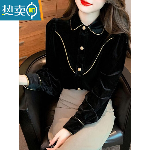 Xia Dian Suding Queen (SE.PSTP) high-end gold velvet doll collar plus velvet shirt for women autumn and winter 2025 new style temperament inner top bottoming shirt black M 95-105Jin Jin is equal to 0.5 kg