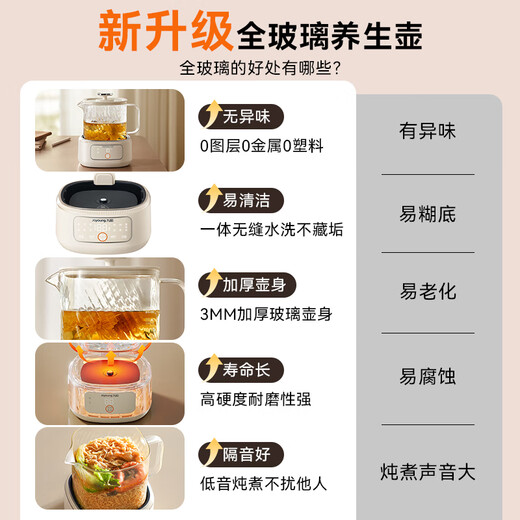 Joyoung Pure Health Pot Mini Household Multi-Function All-Glass Kettle Tea Kettle Milk Mixer Baby Warm Milk Thermostatic Kettle 1L Office Tea Maker WY103 Cream White 1L All-Glass Maternal and Infant Grade Certification