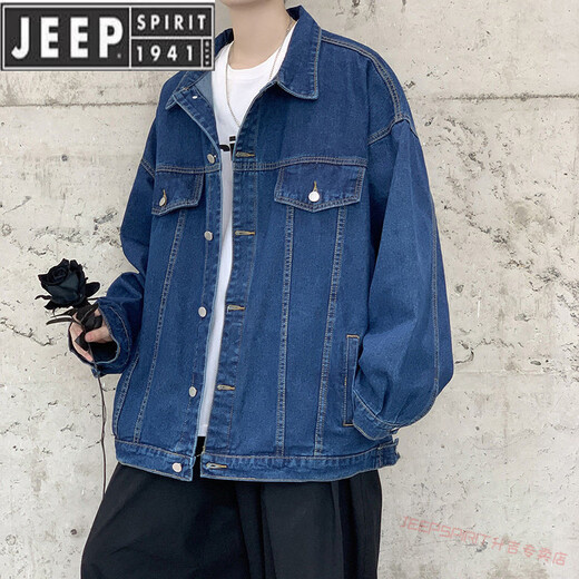 JEEP SPIRIT high-end brand American men's denim jacket plus velvet thickened casual work jacket for spring, autumn and winter dark blue B XL