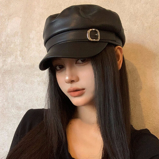 Xiaohongshu Korean style simple retro leather black beret for women summer temperament literary and artistic versatile thin style black M (5658cm)