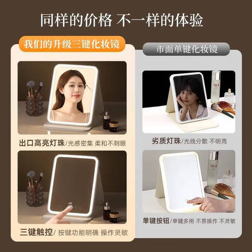 HP vanity mirror with light LED high-definition beauty mirror folding mirror Xiaomi white household three-color fill-light vanity mirror dormitory desktop portable gift for girls and friends on Valentine's Day pure white - foldable leather case